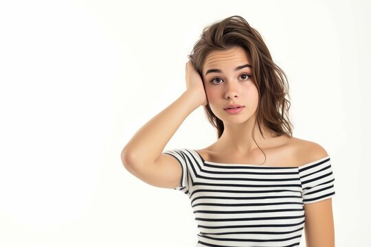 Pretty Young Woman in Striped Boatneck Top and High-Waisted Shorts photo on white isolated background