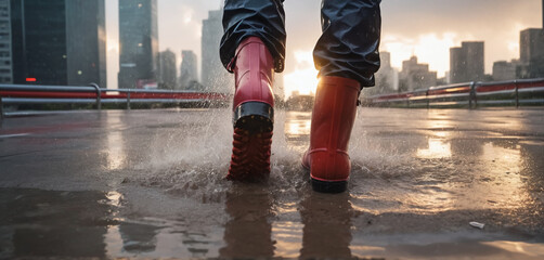 Feet of a person wearing red rubber boots, walking through rainwater and puddles in bad weather - ai generated