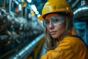 Female worker in hard hat attentively examines machinery at an industrial plant