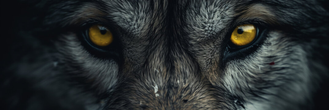 Intense gaze of a grey wolf captured in close-up at twilight, close-up view showcasing the piercing yellow eyes of an angry wolf