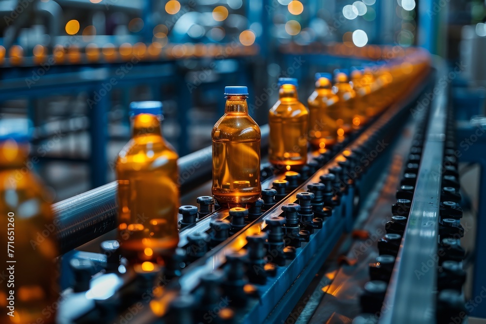 Poster bottles in a factory setting move along a conveyor system in this industrial-themed image, highlight