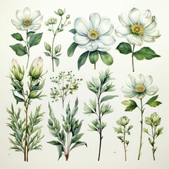 A set of watercolor flowers with green leaves