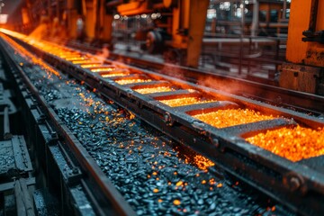 The image shows the hot, liquid process of steel production, with vibrant molten orange streams - obrazy, fototapety, plakaty