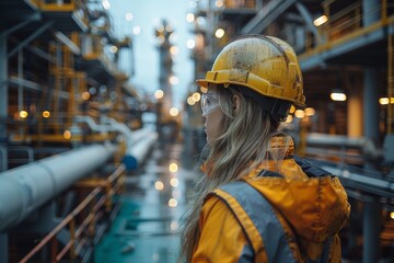 A female industrial worker in protective gear contemplates her surroundings at an oil refinery - obrazy, fototapety, plakaty