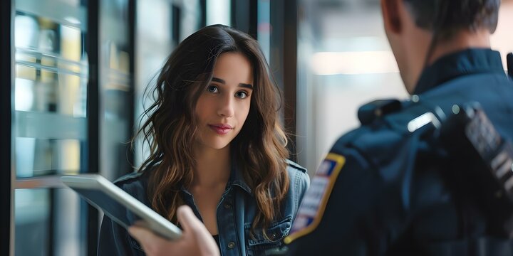 Brunette woman providing details of robbery to police officer detective taking notes on tablet. Concept Criminal Investigation, Police Interrogation, Crime Scene Examination