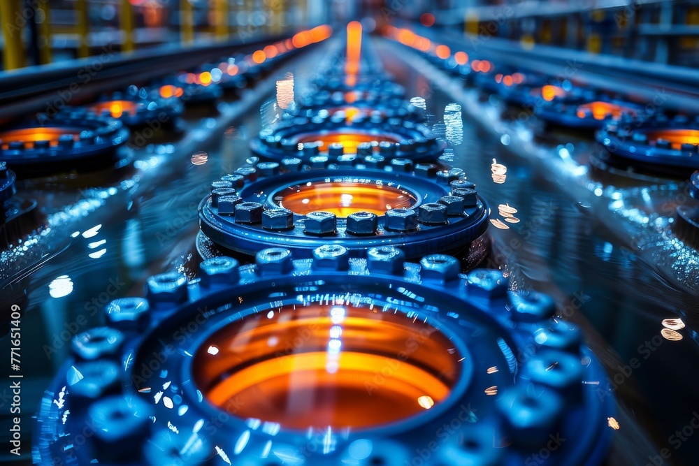 Poster close-up image showing the intricate glowing machinery parts on an automated assembly line, highligh