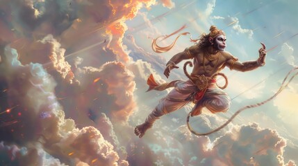 Hanuman leaping across digital realms carrying messages of hope and courage through social networks