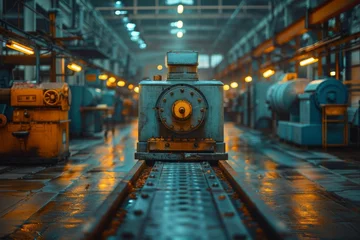 Fotobehang A centered blue vintage machine in an abandoned factory aisle exuding a nostalgic industrial era vibe © Larisa AI