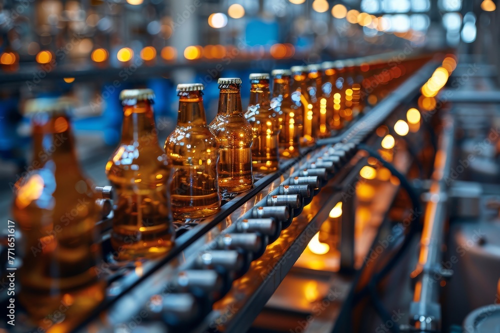 Poster close-up of multiple beer bottles on a conveyor belt in a production factory
