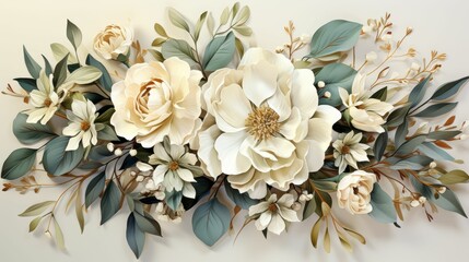 A white flower arrangement with green leaves