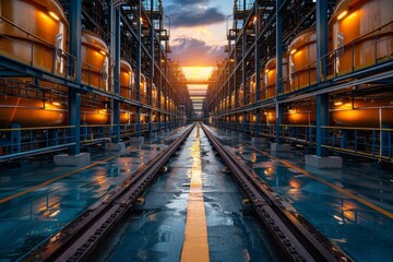 Symmetrical perspective of a modern industrial building with glowing sunset in the background - obrazy, fototapety, plakaty