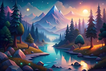 Enchanted Forest Mountain Landscape Twilight Serenity River Reflections