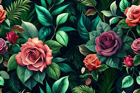Floral Pattern Roses Leaves Botanical Dark Elegant Wallpaper Design