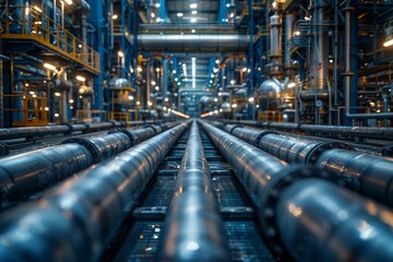 Symmetrical view highlighting the complexity of the pipeline architecture within an industrial plant - obrazy, fototapety, plakaty