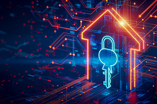 Glowing digital security home lock symbol hologram. Smart home technology concept