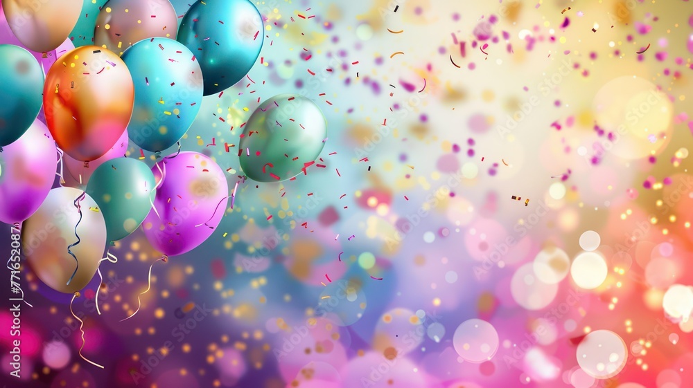 Poster birthday background with ballons and confetti created with generative ai