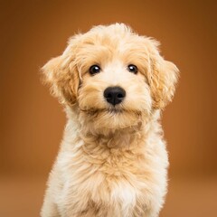 Beautiful eskapoo dog isolated on brown background. looking at camera . front view. dog studio portrait.happy dog .dog isolated .puppy isolated .puppy closeup face,indoors.brown background .