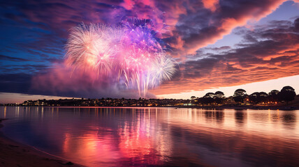 Naklejka premium Fireworks over sydney harbour bridge and sydney harbour bridge