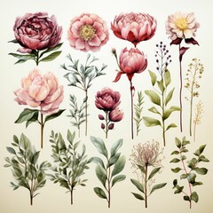 A collection of flowers and plants in various shades of pink and green