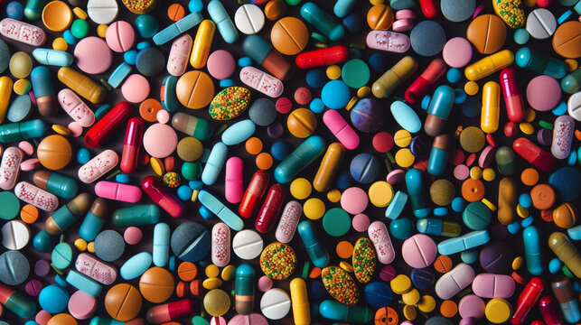 A multitude of colorful pills and capsules fill the frame in a dense pattern.