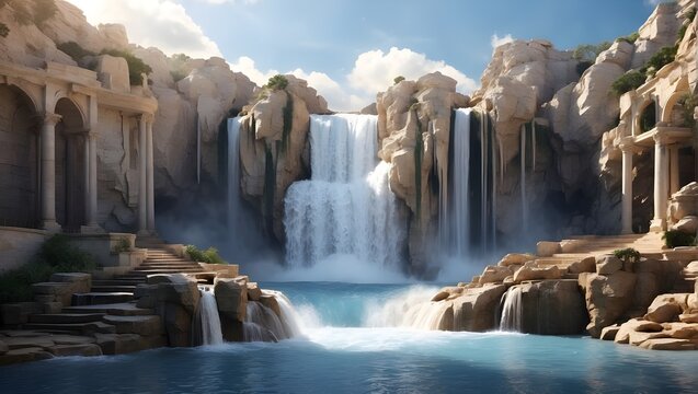 A digital painting of a waterfall with three tiers, flowing into a pool of water. The waterfall is made of rock and has steps leading up to it. The sky is blue with white clouds.
