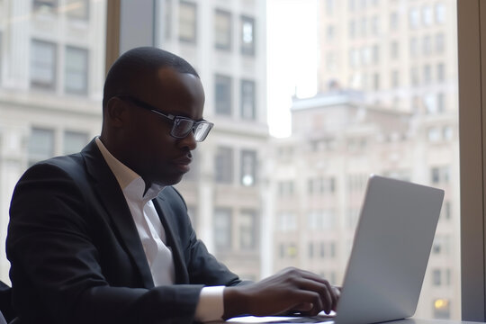Black man working on laptop in office, occupation, technology, professional occupation, african ethnicity