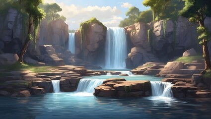 A digital painting of a waterfall with trees on the right and large rocks on the left. The waterfall cascades over large rocks into a pool of water. The sky is blue with fluffy white clouds. - obrazy, fototapety, plakaty