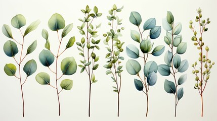 A series of green leaves are shown in various sizes and orientations - obrazy, fototapety, plakaty