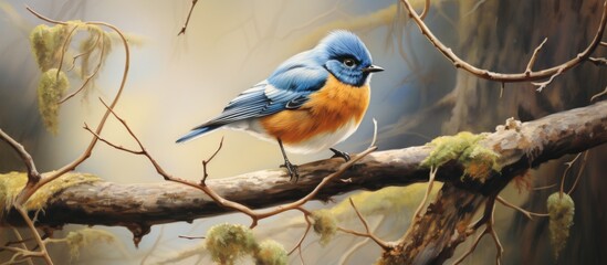 A vibrant blue and orange songbird with a colorful feathered beak is perched on a twig in a natural landscape, painting a beautiful wildlife scene - obrazy, fototapety, plakaty