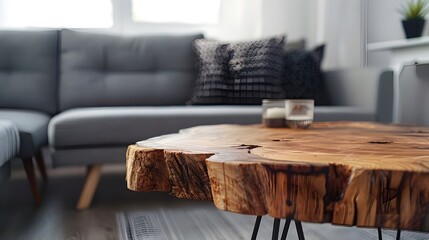 Close up of natural wood rustic live edge coffee table near grey sofa. Minimalist home interior design of modern living room.