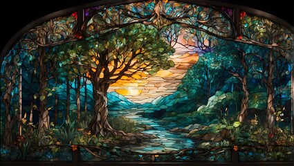 A stained glass window featuring a forest scene with a river, trees, and a sunset.