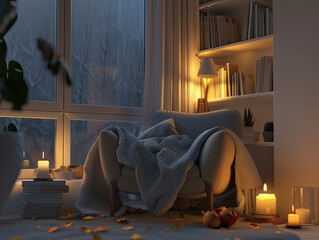 3D-rendered cozy book review corner by an influencer, perfect ambiance for text