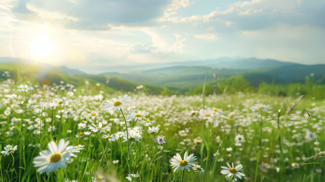 natural landscape with blooming field of daisies in the grass in the hilly countryside