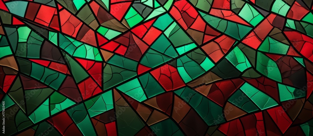 Poster a closeup of a stained glass window featuring a vibrant combination of red, green, and magenta. the 
