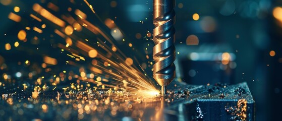 Wide shot of a powerful industrial drill in action, creating a shower of golden sparks, capturing the dynamism of machine work. - obrazy, fototapety, plakaty