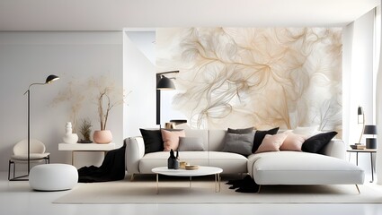 Coffee table in round shape next to white sofa. Modern living room interior design in a Scandinavian home.A white couch with black and pink pillows sits in front of a wall with a large beige and black