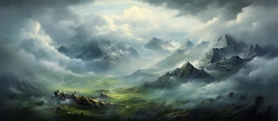 Fotobehang A natural landscape painting depicting a mountain range shrouded in fog and clouds, with cumulus formations creating an atmospheric event in the sky © AkuAku