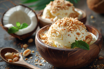 Coconut ice cream topped with nuts