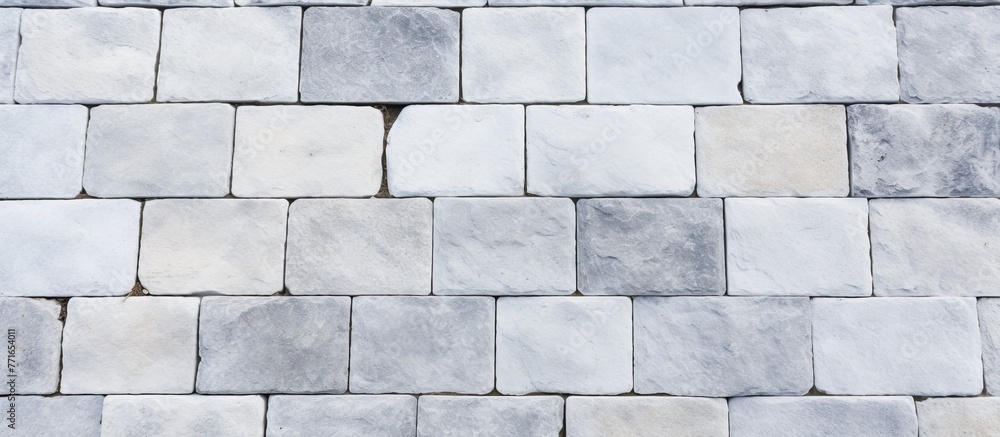 Poster a close up of a row of grey rectangular tiles on a wall, resembling brickwork. the pattern creates a