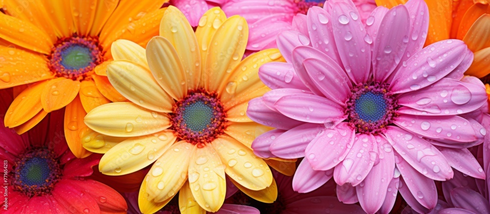 Poster vibrant magenta petals on a closeup of a flower, with water drops glistening on the annual plant. pe