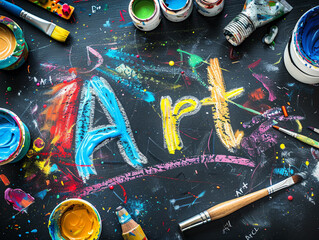 "Art" creatively drawn in vibrant chalk colors on a chalkboard set on an artists table splattered with paint and surrounded by art supplies