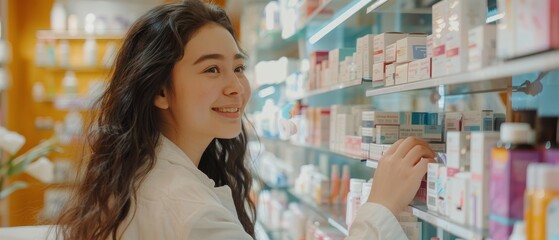 A content young woman in a stylish outfit smiles as she shops in a drugstore, the variety of products reflecting her satisfaction.