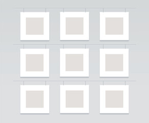 Set of square photo frames. Collage of 9 empty hanging photo cards. Vector realistic Mockup for interior design, presentations, mood board, collages. Blank template on beige. EPS10.