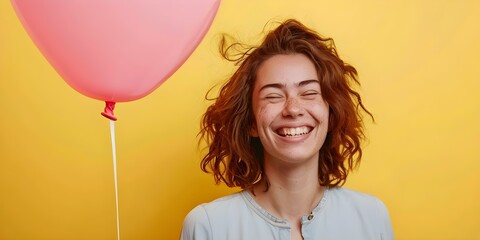Happy woman with pink balloon announces final sales discounts against yellow background. Concept Fashion, Promotion, Sale, Woman, Balloon