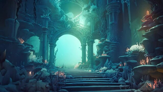 A staircase that ascends to a tunnel, providing a pathway for travelers to navigate between levels with ease, Underwater world depicted in a fantasy landscape, 3D rendering, AI Generated