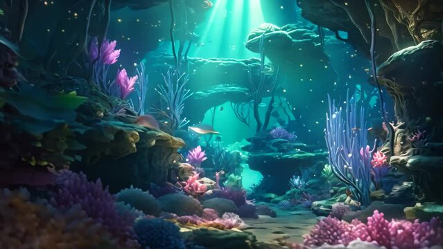 Experience the beauty of an underwater environment teeming with life, featuring stunning corals and vibrant plants, Underwater world depicted in a fantasy landscape, 3D rendering, AI Generated