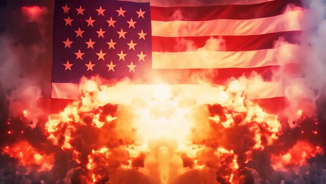 An American flag engulfed in flames, emitting smoke in a powerful and dramatic scene, USA vs China flag on fire, AI Generated