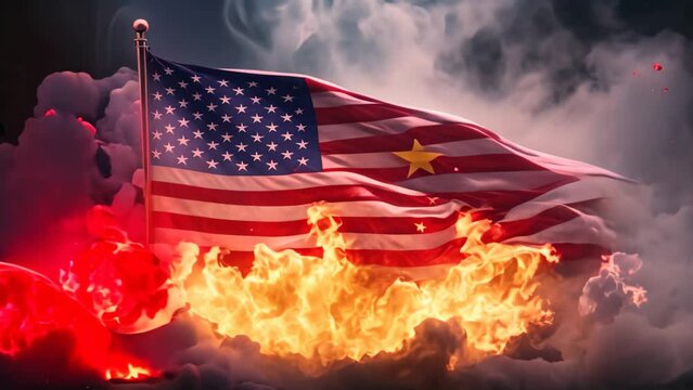 A striking photo capturing an American flag engulfed in flames, surrounded by billowing smoke, USA vs China flag on fire, AI Generated