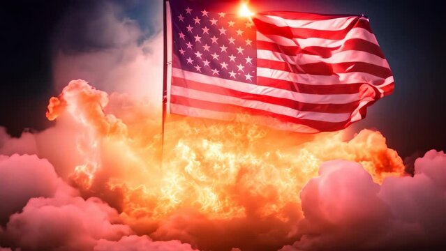 A powerful image of the American flag engulfed in flames set against a stark black backdrop, USA vs China flag on fire, AI Generated