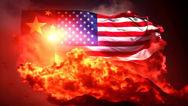A powerful image of two flags set ablaze against a deep black backdrop, USA vs China flag on fire, with fire separating the two flags, AI Generated